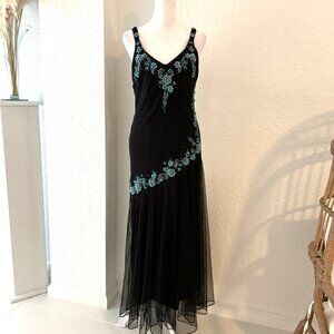 Black & Teal Floral Embroidered  Evening Dress